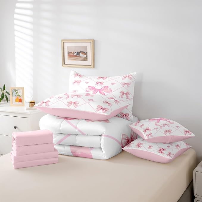 Erosebridal Bow Love Hearts Checkered Pink Full Comforter Set 7 Pieces | White Lines Plaid Bed in A Bag for Bedroom Kawaii Cute Ribbon Kids Bedding Set with Comforters Bowknot Women Teens Room Decor