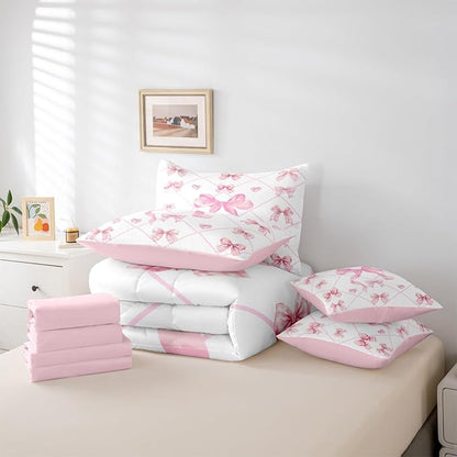 Erosebridal Bow Love Hearts Checkered Pink Full Comforter Set 7 Pieces | White Lines Plaid Bed in A Bag for Bedroom Kawaii Cute Ribbon Kids Bedding Set with Comforters Bowknot Women Teens Room Decor