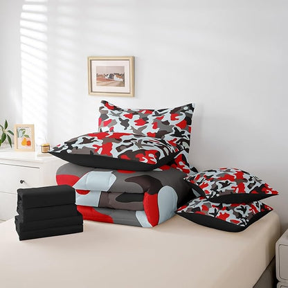 Erosebridal Farmhouse 7 Pcs Bed Set Twin Size Camo Bedding for Kids Army Camouflage Hunting Bed in A Bag Sheet Set Vintage Red Grey Bedroom Decor Wild Animal Duck Rustic Comforter Set