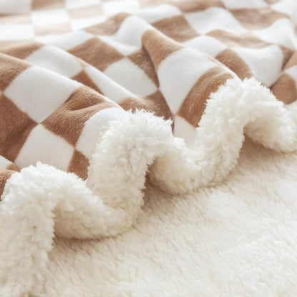 LOMAO Sherpa Throw Blanket Fleece Blanket with Checkered Pattern Soft Thick Blanket for Couch, Bed, Sofa Luxurious Warm and Cozy for All Seasons (Khaki, 90"x90")
