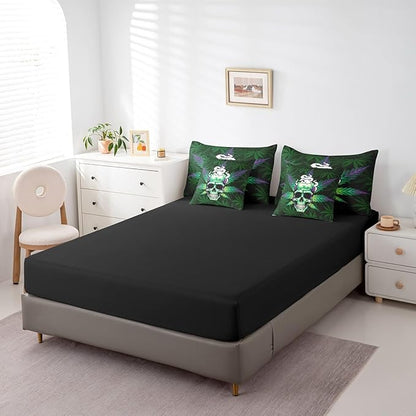 Erosebridal Leaves 7 Pcs Comforter Set Green,Sugar Skull Bed in a Bag with Flat Sheet and Fitted Sheet,Leaves Bedding Set with Pillowcase & Sham,Halloween Top Sheet,Full