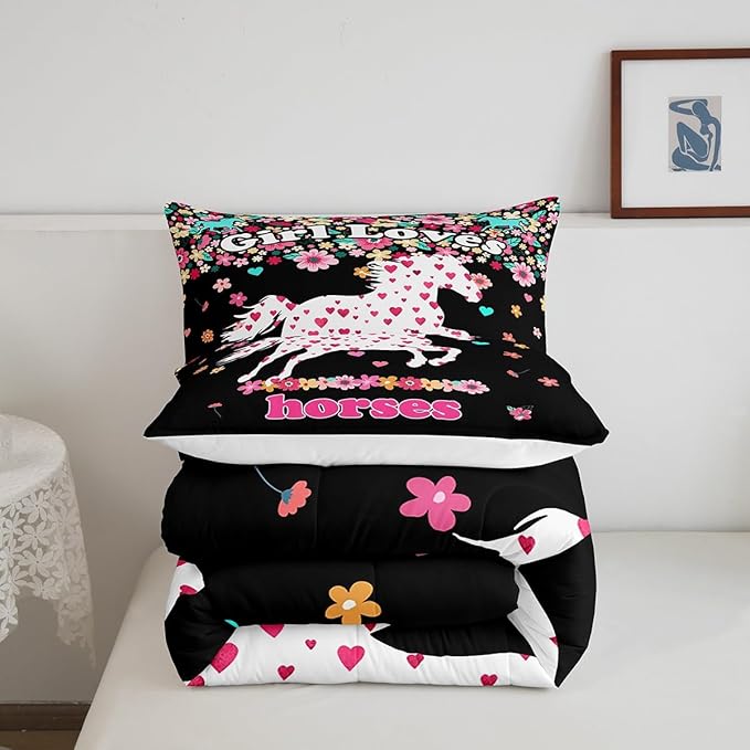 Feelyou Horse Comforter Set Toddler Size Kids Galloping Horse Comforter for Boys Teens Floral Flower Bedding Set Heat Love Pattern Pink and Black Duvet Set Room Decor Quilt Set
