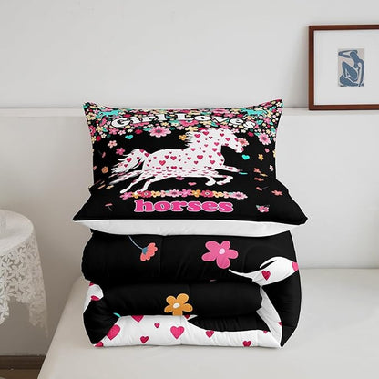 Feelyou Horse Comforter Set Toddler Size Kids Galloping Horse Comforter for Boys Teens Floral Flower Bedding Set Heat Love Pattern Pink and Black Duvet Set Room Decor Quilt Set