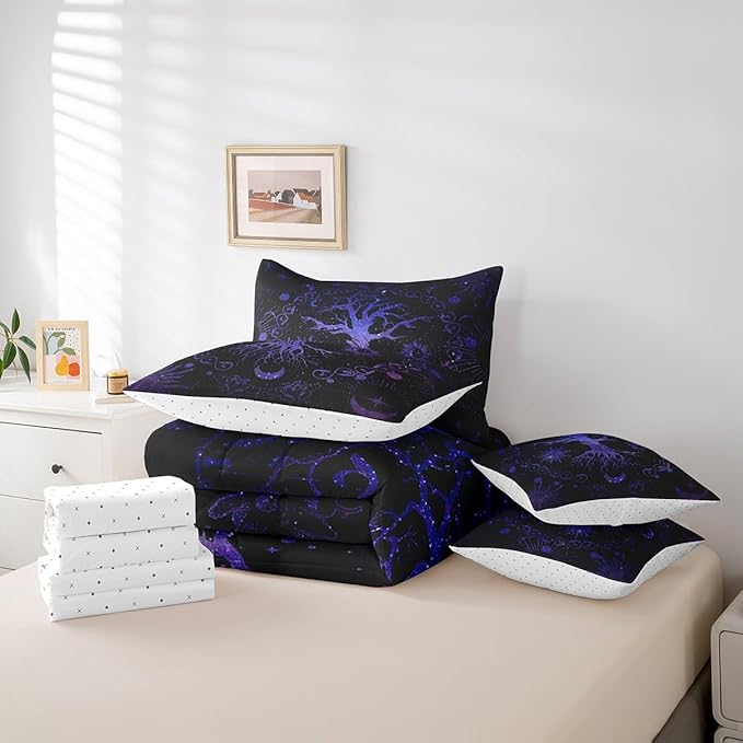 Feelyou Bohemian Tree Bedding Set with Comforter, King Size 7Pcs Purple Galaxy Tree Comforterative Sun Moon Bed in a Bag with Comforter, Astrology Space Room Decor
