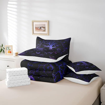 Feelyou Bohemian Tree Bedding Set with Comforter, King Size 7Pcs Purple Galaxy Tree Comforterative Sun Moon Bed in a Bag with Comforter, Astrology Space Room Decor