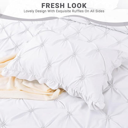 JOLLYVOGUE White Twin Size Comforter Sets 5 Pieces, Pintuck Bed in a Bag Comforter Set for Bedroom, Bedding Comforter Sets with Comforter, Sheets,Ruffled Shams & Pillowcases