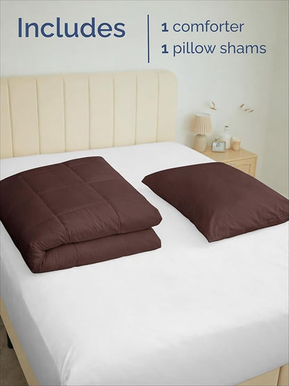 Twin Comforter Set - 2 Piece Bed Set for All Seasons - 1 Soft Quilted Comforter with Corner Tabs & 1 Pillow Sham - Comfy and Breathable - Premium Down Duvet Insert - Oeko-TEX - Twin Size, Brown/Beige