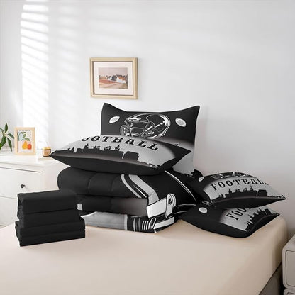 Erosebridal Football City Bed in A Bag Ball Sports Game 7 Piece Bedding Set American Soccer Sports Rugby Comforter Set with Sheets King Size for Kids Teen Adults,Black Grey Ombre Bed Set