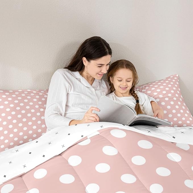 Manfei Polka Dots Comforter Set King Size 3 Pcs,Modern Geometric Circles Abstract Simple Art Bedding Set,Cartoon French Style Dots Pink White Quilt Set for Adults Bedroom,2 Pillowcases