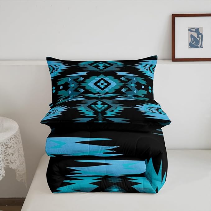 Feelyou Blue Black Southwestern Comforter Set,Tribal Native American Indian Bedding Set Queen Size,Boys Girls Bedroom Room Decor,Exotic Style Comforter,Farmhouse Western Bed Set