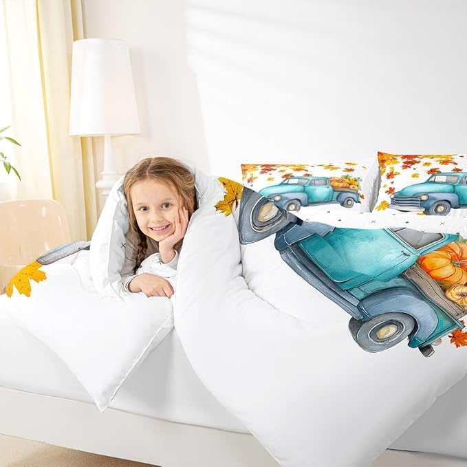 Pumpkin Truck Bedding Set Fall Thanksgiving Harvest Seasonal Comforter Set Twin Autumn Maple Leaf Bed Comforter Set Farmhouse Home Room Decor Watercolor Quilt Duvet Orange White 1 Pillow Case