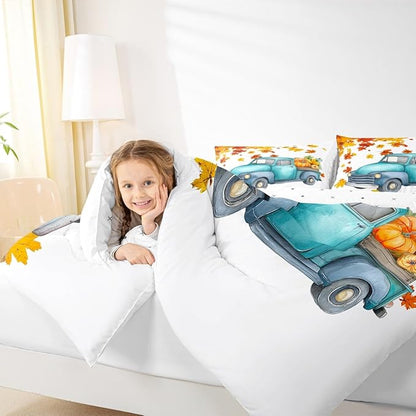 Pumpkin Truck Bedding Set Fall Thanksgiving Harvest Seasonal Comforter Set King Autumn Maple Leaf Bed Comforter Set Farmhouse Home Room Decor Watercolor Quilt Duvet Orange White 2 Pillow Cases