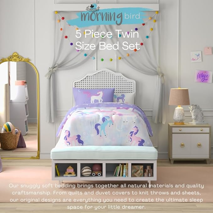 Morning Bird Unicorns Astrology Kids Bedding Super Soft & Cozy Reversible Microfiber Comforter and Sheet Set with Sham, 5 Piece Twin Size, by Franco
