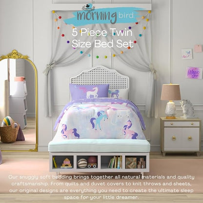 Morning Bird Unicorns Astrology Kids Bedding Super Soft & Cozy Reversible Microfiber Comforter and Sheet Set with Sham, 5 Piece Twin Size, by Franco