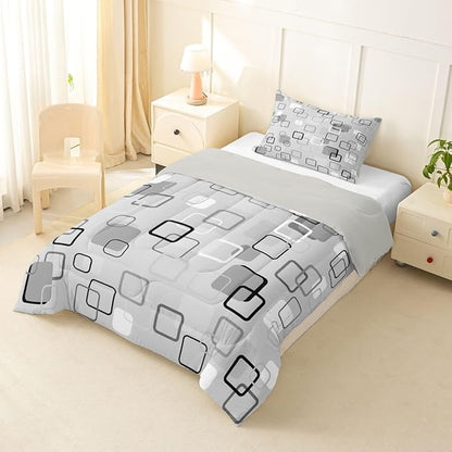 Erosebridal Gray Abstract Squares Bedding Set Twin Modern Aesthetic Geometric Comforter Set for Kids Girls Boys Minimalist Striped Down Comforter Boho Neutral Plaid Quilt Duvet