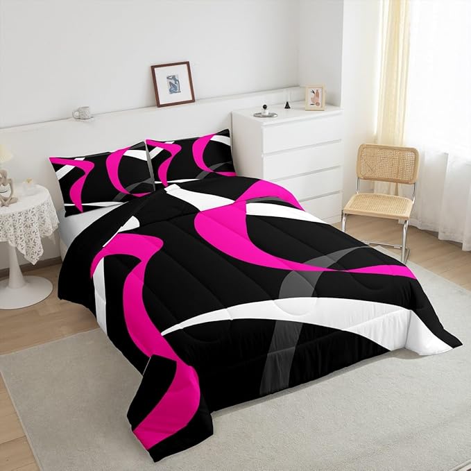 Erosebridal Grey Black Hot Pink Bedding Comforter Sets Gray White Striped Abstract Bedding Set Twin for Kids Girls Teen Women Geometric Stripes Down Comforter Modern Fashion Quilt Duvet