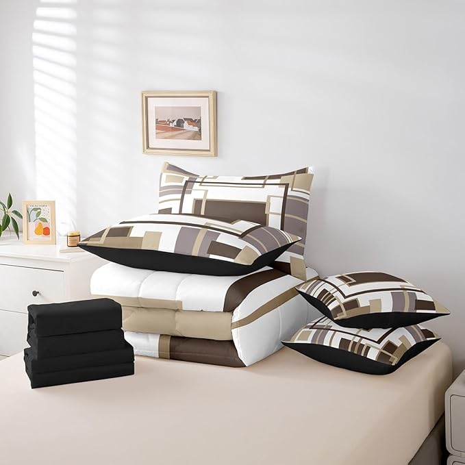 Erosebridal 7Pcs Khaki Square Geometric Comforter Set Queen,Minimalist Striped Abstract Bed in A Bag for Women Men Adults,Modern Aesthetic Art Quilt Set with Pillowcases,Geometric Stripes Bedding