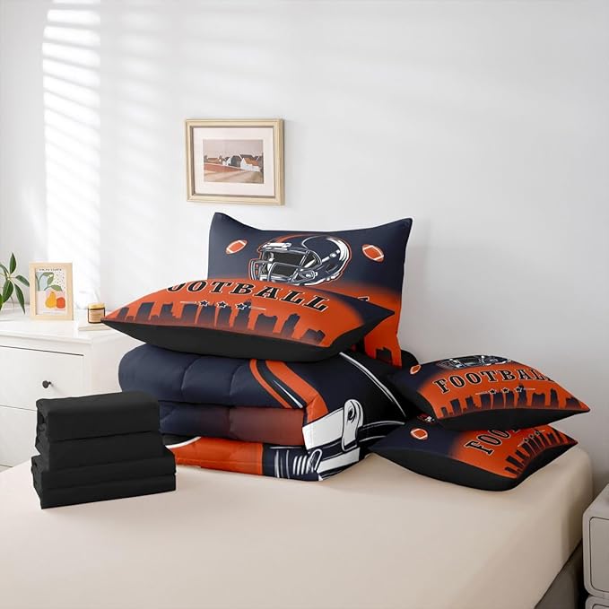 Erosebridal Football Boys Twin 7 Piece Bedding Set American Soccer Sports Comforter Set with Sheets Sports Rugby Orange Blue Bed in A Bag for Kids Teen Adults,Ball Games Bed Set