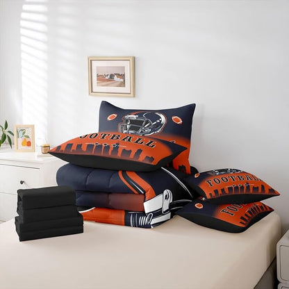 Erosebridal Football Boys Twin 7 Piece Bedding Set American Soccer Sports Comforter Set with Sheets Sports Rugby Orange Blue Bed in A Bag for Kids Teen Adults,Ball Games Bed Set