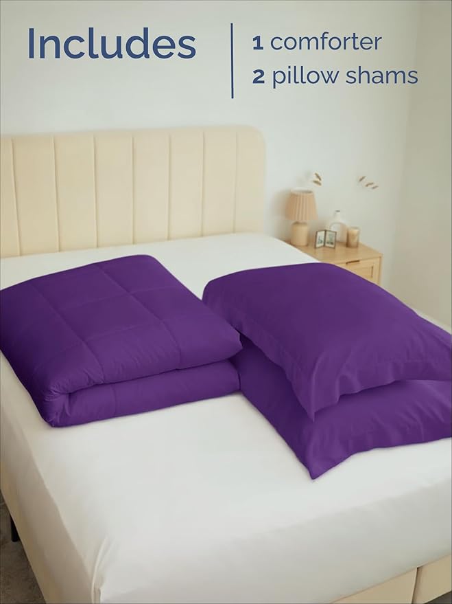 King Comforter Set - 3 Piece Bed Set for All Seasons - 1 Soft Quilted Comforter w/ Corner Tabs & 2 Pillow Shams - Comfy, Cozy & Breathable - Premium Down Duvet Insert - Oeko-TEX - King Size, Purple