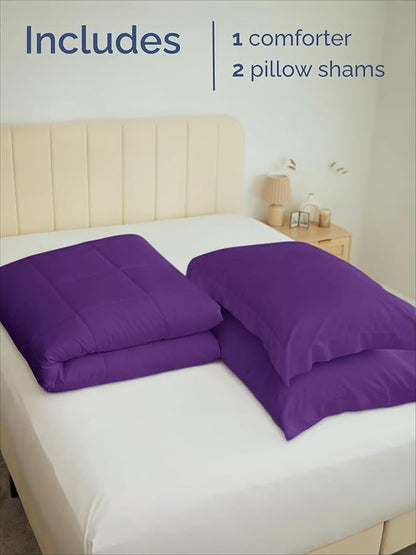 Full Comforter Set - 3 Piece Bed Set for All Seasons - 1 Soft Quilted Comforter w/ Corner Tabs & 2 Pillow Shams - Comfy, Cozy & Breathable - Premium Down Duvet Insert - Oeko-TEX - Full Size, Purple