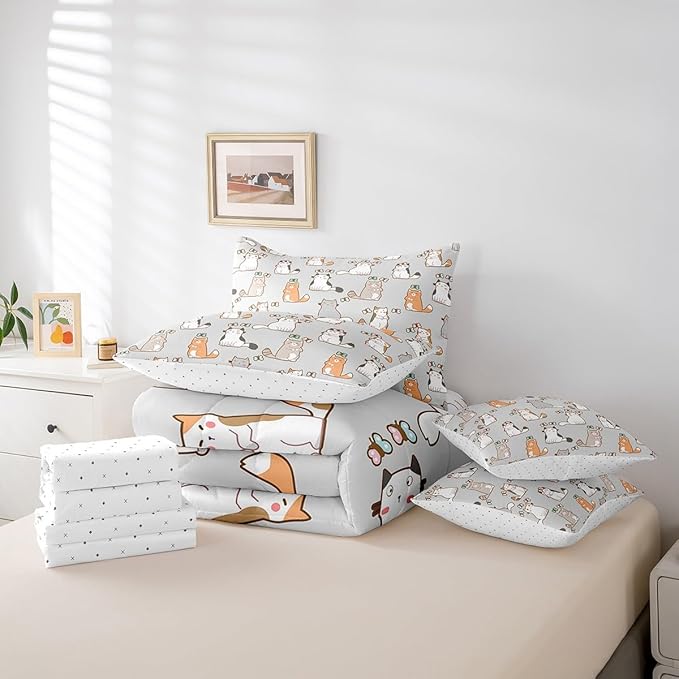 Erosebridal Cartoon Cat 7 Pcs Comforter Set Full,Cute Butterfly Print Bed in a Bag,Kawaii Animal Kitten Duvet Set Pet Theme Bedding Set with Comforter,Sheets,Pillowcases & Throw Pillow Covers,Grey