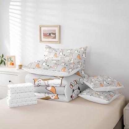 Erosebridal Cartoon Cat 7 Pcs Comforter Set King,Cute Butterfly Print Bed in a Bag,Kawaii Animal Kitten Duvet Set Pet Theme Bedding Set with Comforter,Sheets,Pillowcases & Throw Pillow Covers,Grey