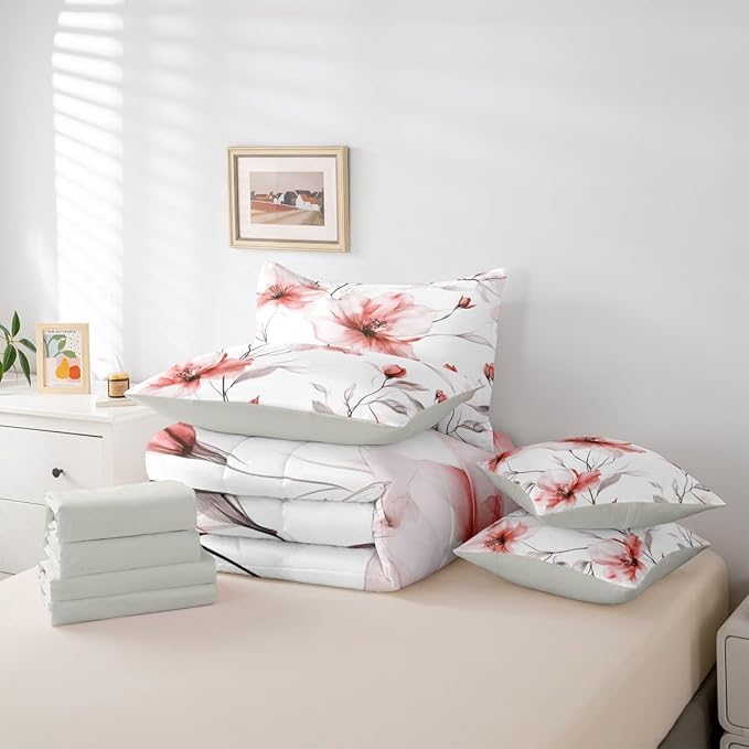 Erosebridal Blush Flower Twin 7 Pieces Bedding Set, Bohemian Floral Comforter Set with Sheets, Watercolor Flower Boho Bed Sets for Women Girls Adults, Ink Painting Style Blossom & Leaf Bed in A Bag