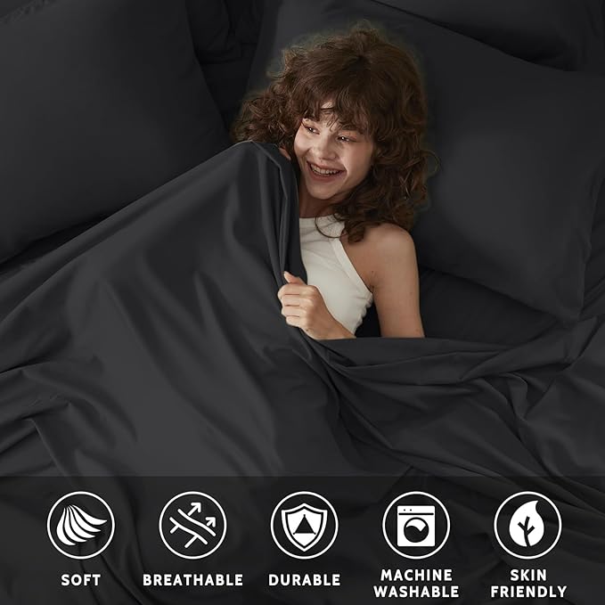 Full Size Bed Sheets - 6 Piece Soft Microfiber and Wrinkle Free Sheets - Easy Care, Extra Soft, Cooling Sheets - 1 Deep Pocket Fitted Sheet 1 Flat Sheet and 4 Pillowcases (Full Balck)