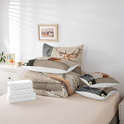 Elk Deer 7 Piece Comforter Set Full Bed in a Bag,Woodland Animals Bedding Sets Wild Animals Sheet Set with Comforter
