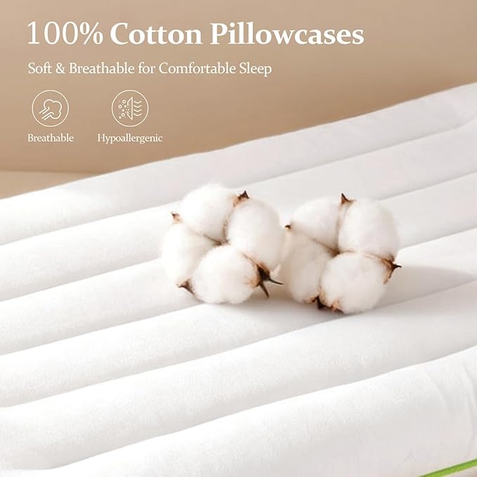 Low Profile Flat Thin Pillow (3.35″) for Stomach & Back Sleepers, Soft Flat Bed Pillow with 7D Fiber Fill & Cotton Cover, Standard Size, Machine Washable