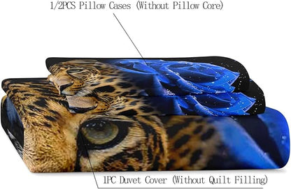 LUVIVIHOME 3PCS Leopard Duvet Cover Full Bedding Set, Floral Duvet Cover, Royal Blue Rose Flower Cheetah Wild Animal Black Comforter Bedspread Quilt Cover, Romantic Gifts for Him Men, 2 Pillow Shams