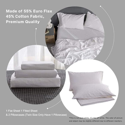 Simple&Opulence Belgian Linen Sheet Set Solid Color - 3 Pieces (1 Flat Sheet, 1 Fitted Sheet & 1 Pillowcase) Natural Flax Cotton Blend Soft Breathable Farmhouse Bedding - Twin Size, White