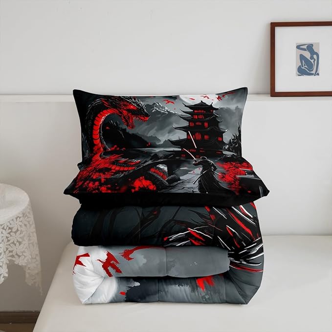 Erosebridal Dragon Bedding Set Toddler Size, Japanese Style Comforter Set for Teens Youth Adult Men Room, Ancient Animal Quilt, Retro Wildlife Ukiyo-E Down Comforter, Black Grey Red