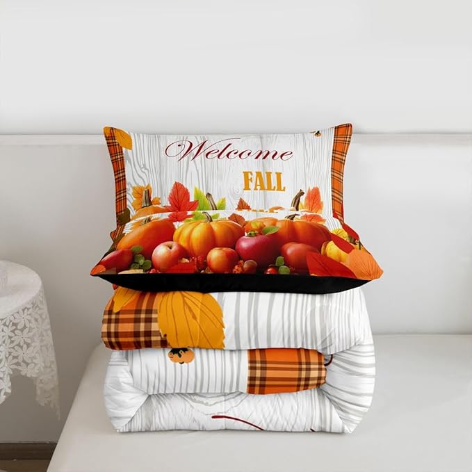 Pumpkin Comforter Set Queen Happy Fall Bedding Set Thanksgiving Day Harvest Season Comforter Gifts For Kids Teen Adults,Orange Buffalo Plaid Quilt Duvet Rustic Farmhouse Home Room Decor 2 Pillow Cases