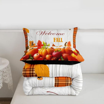 Pumpkin Comforter Set King Happy Fall Bedding Set Thanksgiving Day Harvest Season Comforter Gifts For Kids Teen Adults,Orange Buffalo Plaid Quilt Duvet Rustic Farmhouse Home Room Decor 2 Pillow Cases