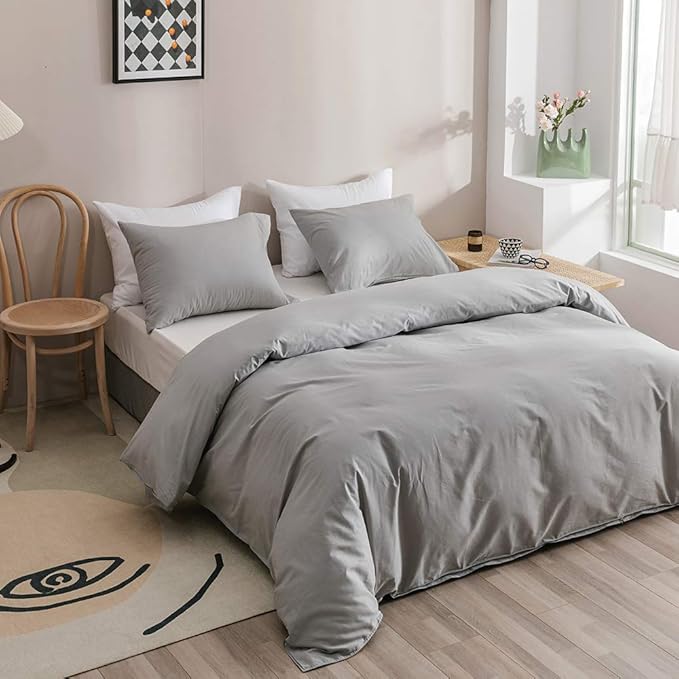 Wellboo Light Grey Comforter Sets California King Solid Silver Grey Bedding Comforters Cal King Plain Elegant Gray Quilts Women Men Pure Grey Comforters Aesthetic Japanese Log Style Bedding