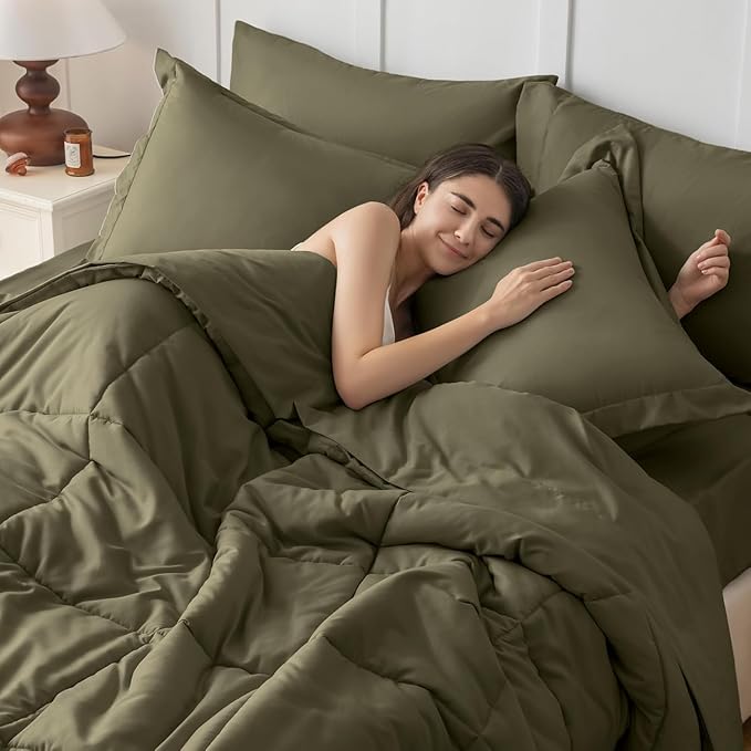 JOLLYVOGUE Twin Comforter Set, Ultra-Soft Bed in a Bag Twin Size 5 Pieces, Oeko-TEX Certified Bedding Set with Down Alternative Comforter, Sheets, Pillowcases & Shams, Olive Green