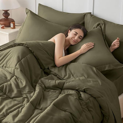 JOLLYVOGUE Twin Comforter Set, Ultra-Soft Bed in a Bag Twin Size 5 Pieces, Oeko-TEX Certified Bedding Set with Down Alternative Comforter, Sheets, Pillowcases & Shams, Olive Green