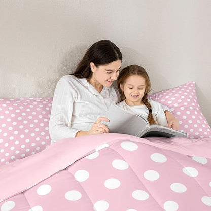 Manfei Polka Dots Comforter Set King Size,Cartoon French Style Princess Pink White Bedding Set 3 Pcs for Women,Modern Geometric Circles Abstract Simple Art Comforter,2 Pillowcases