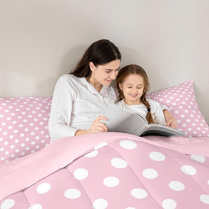 Manfei Polka Dots Comforter Set Full Size,Cartoon French Style Princess Pink White Bedding Set 3 Pcs for Teens Young,Modern Geometric Circles Abstract Simple Art Comforter,2 Pillowcases