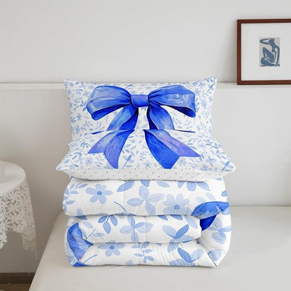 Erosebridal Blue Bow Bedding Set for Kids Boys Girls Teen,Bowknot Bedding Comforter Sets Cute Bow Tie Comforter Set Twin Size Watercolor Flower Plant Quilt Duvet Room Decor 1 Pillow Case