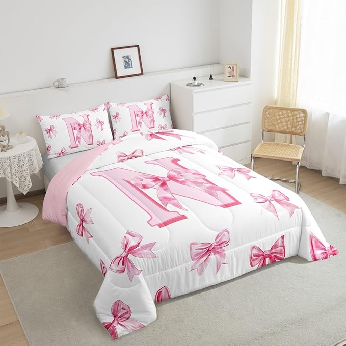 Erosebridal Initial Letter N Bedding Comforter Sets Pink Monogrammed Bowknot Comforter Set Twin,Dreamy Princess Bow Bedding Set for Kids Girls Teen Women,Cute Girly Bowknot Quilt Duvet