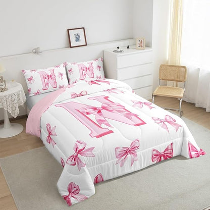 Erosebridal Initial Letter N Bedding Comforter Sets Pink Monogrammed Bowknot Comforter Set Twin,Dreamy Princess Bow Bedding Set for Kids Girls Teen Women,Cute Girly Bowknot Quilt Duvet