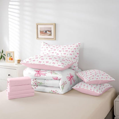 Feelyou Pink Bow Comforter Set with Sheets 7 Piece King Size Pink Floral Bed in a Bag Kids Boys Girls Princess Decor Bowknot Bedding Set Garden Flower Bedroom Decor Breathable Soft Lightweight