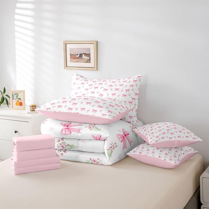 Feelyou Pink Bow Comforter Set with Sheets 7 Piece Twin Size Pink Floral Bed in a Bag Kids Boys Girls Princess Decor Bowknot Bedding Set Garden Flower Bedroom Decor Breathable Soft Lightweight
