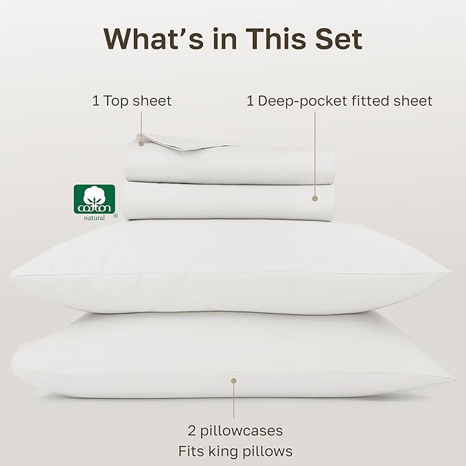 California Design Den Natural 100% Cotton Sheets King Size Set - 1000 Thread Count Sateen, Deep Pocket King Bed Sheet Set, Thick and Durable Bedding - True Ivory