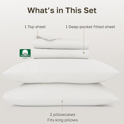 California Design Den Natural 100% Cotton Sheets King Size Set - 1000 Thread Count Sateen, Deep Pocket King Bed Sheet Set, Thick and Durable Bedding - True Ivory