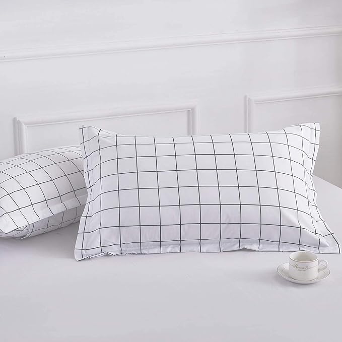 Faincy Queen Comforter Set, White Black Grid Geometric Plaid Pattern Printed Reversible Comforter - Size 90 x 90 3PC Soft Microfiber Duvet Sets 2 Pillowshams Modern Bedding in a Bag for Women Men Teen