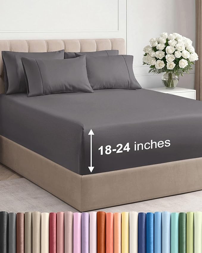 Extra Deep Full Sheet Set - 6 Piece Breathable and Cooling Sheets - Hotel Luxury Bedding for Women, Men, Kids & Teens - Easy & Secure Fit - Soft, Wrinkle Free and Comfy w/ Extra Deep Pockets - Grey